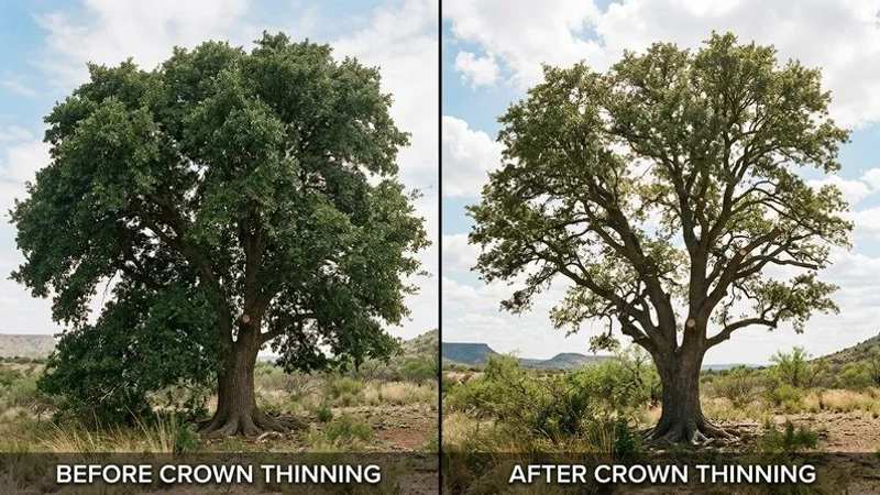Diagram showing the difference between crown thinning and crown raising pruning techniques on a mature tree