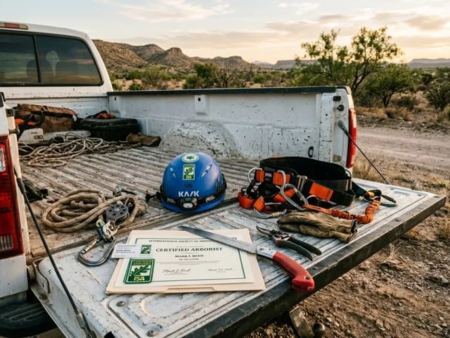 ISA Certified Arborist credentials and professional tree care safety equipment