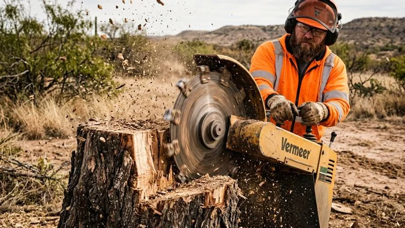 Stump grinding machine in action reducing a tree stump below ground level