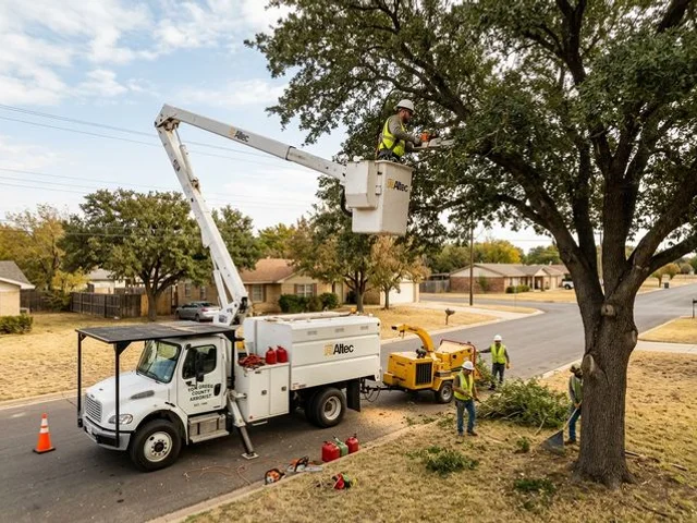 San Angelo Tree Service Pros crew with bucket truck serving Grape Creek TX