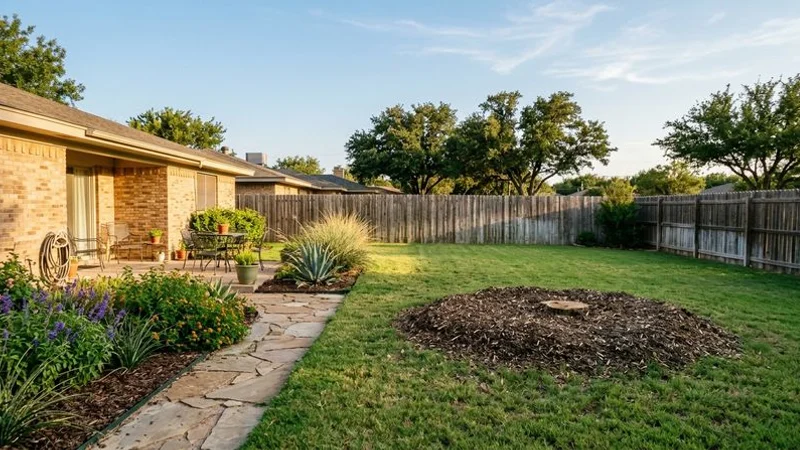 A San Angelo yard showing the area where a tree stump was ground down with wood chips and mulch remaining